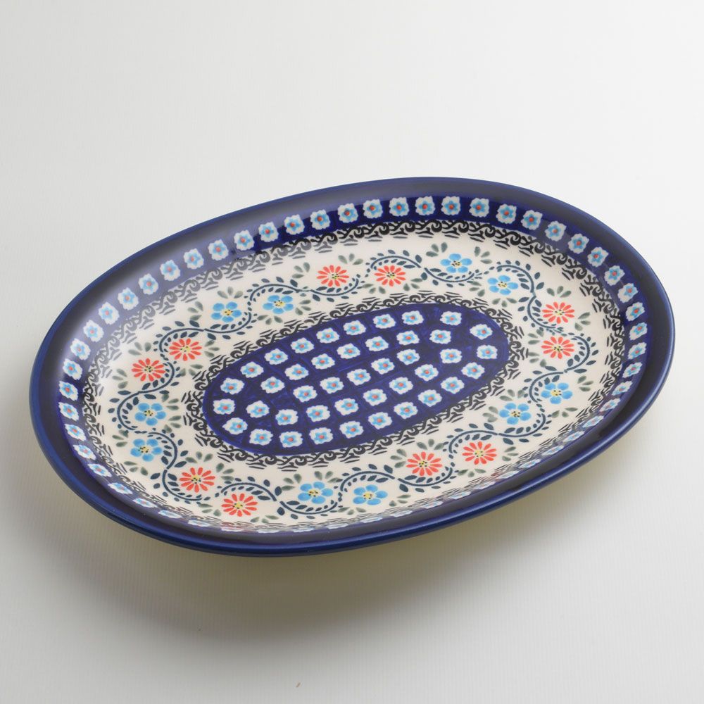 Handmade Polish Pottery Zaklady oval serving platter 29cm flower vines Boleslawiec Ceramics