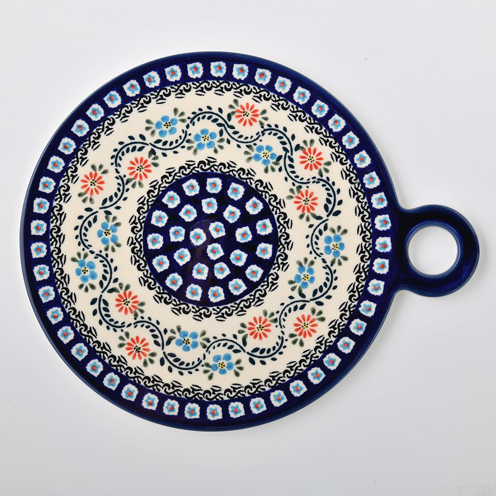 Handmade Polish Pottery Zaklady round serving board 23x27cm flower vines Boleslawiec Ceramics