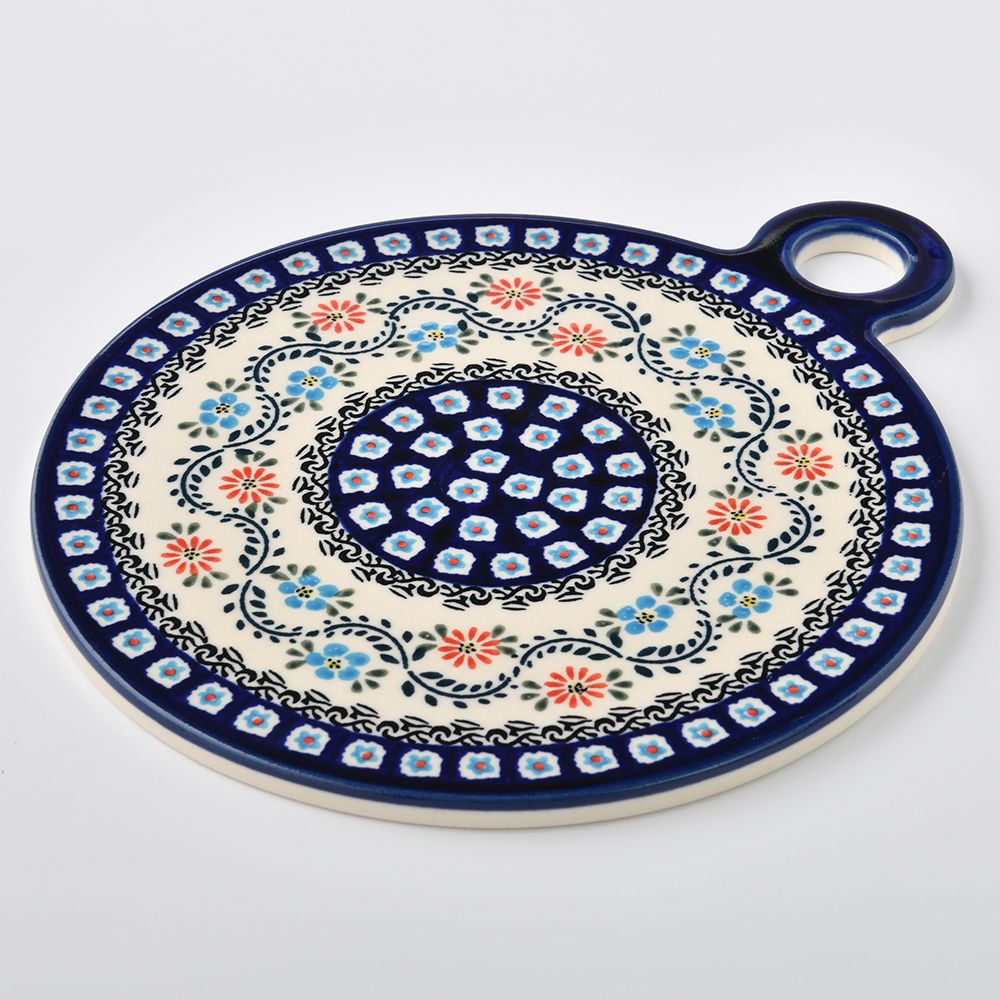 Handmade Polish Pottery Zaklady round serving board 23x27cm flower vines Boleslawiec Ceramics
