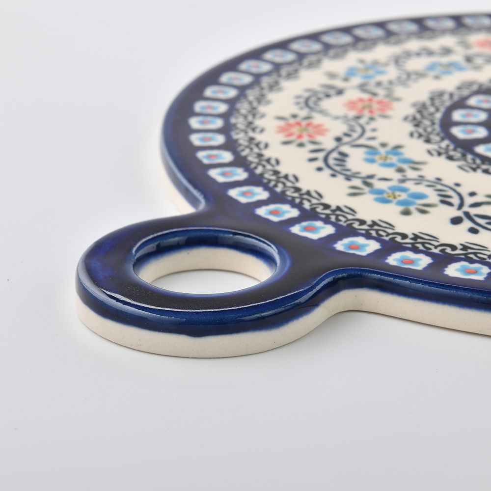 Handmade Polish Pottery Zaklady round serving board 23x27cm flower vines Boleslawiec Ceramics