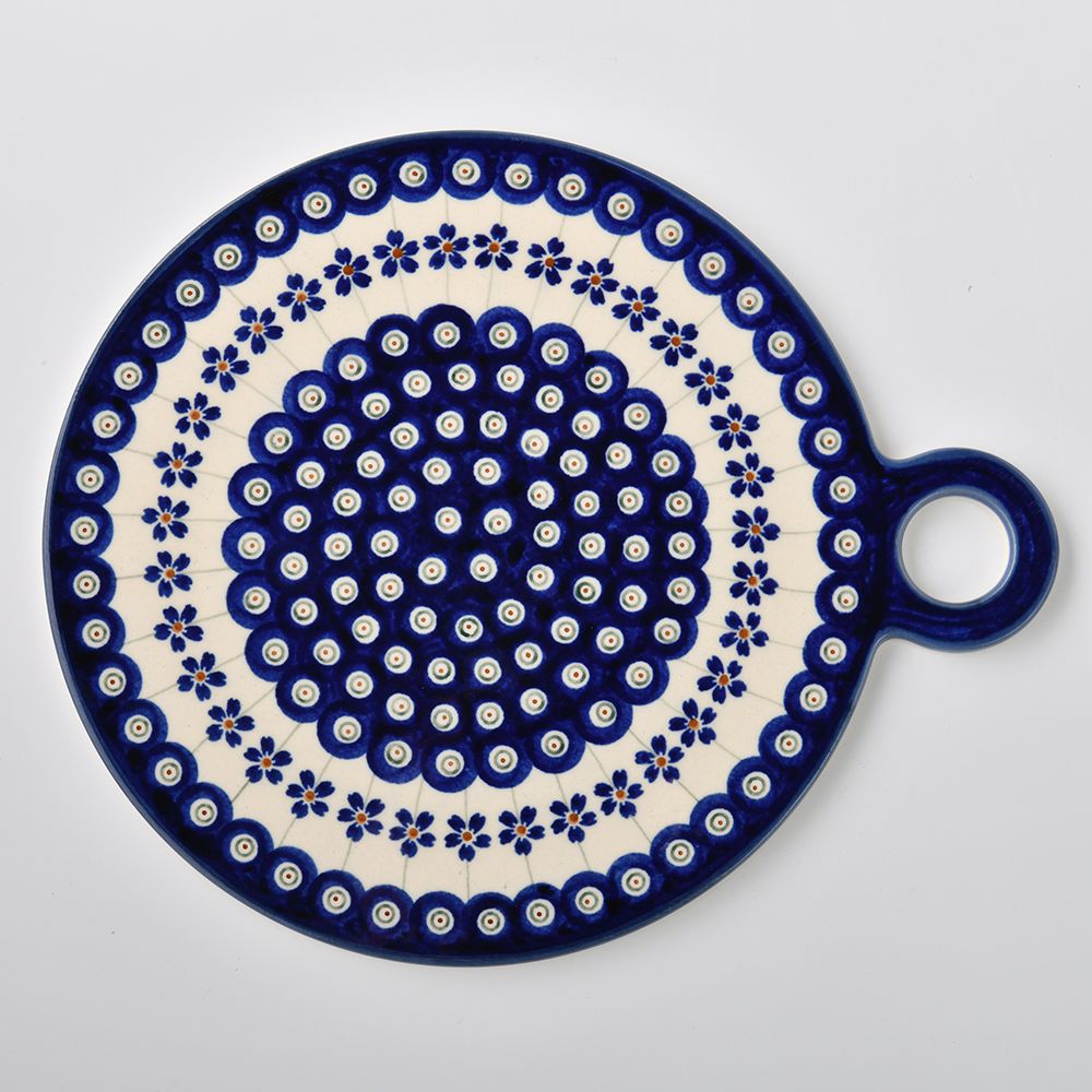 Handmade Polish Pottery Zaklady round serving board 23x27cm blue peacock Boleslawiec Ceramics