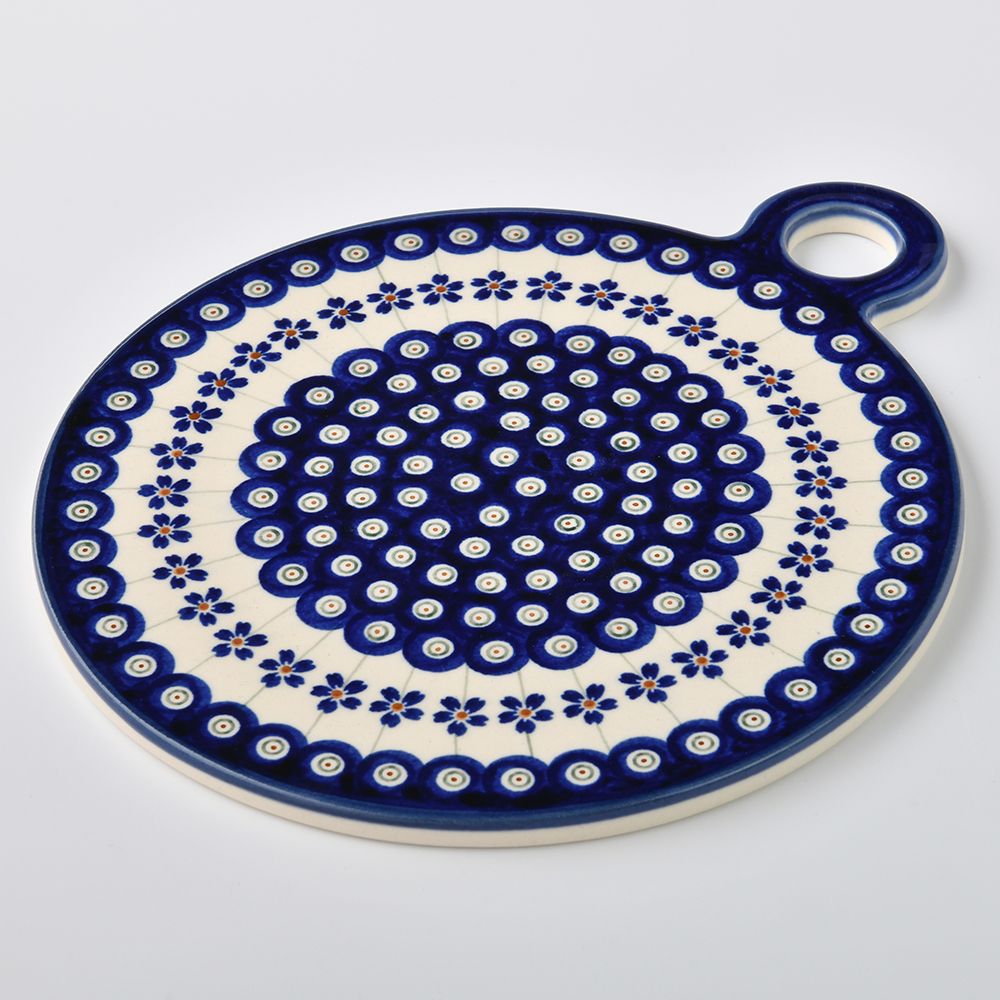 Handmade Polish Pottery Zaklady round serving board 23x27cm blue peacock Boleslawiec Ceramics