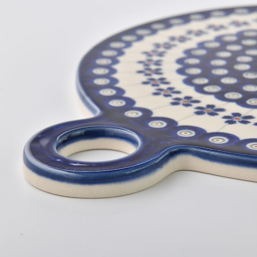 Handmade Polish Pottery Zaklady round serving board 23x27cm blue peacock Boleslawiec Ceramics