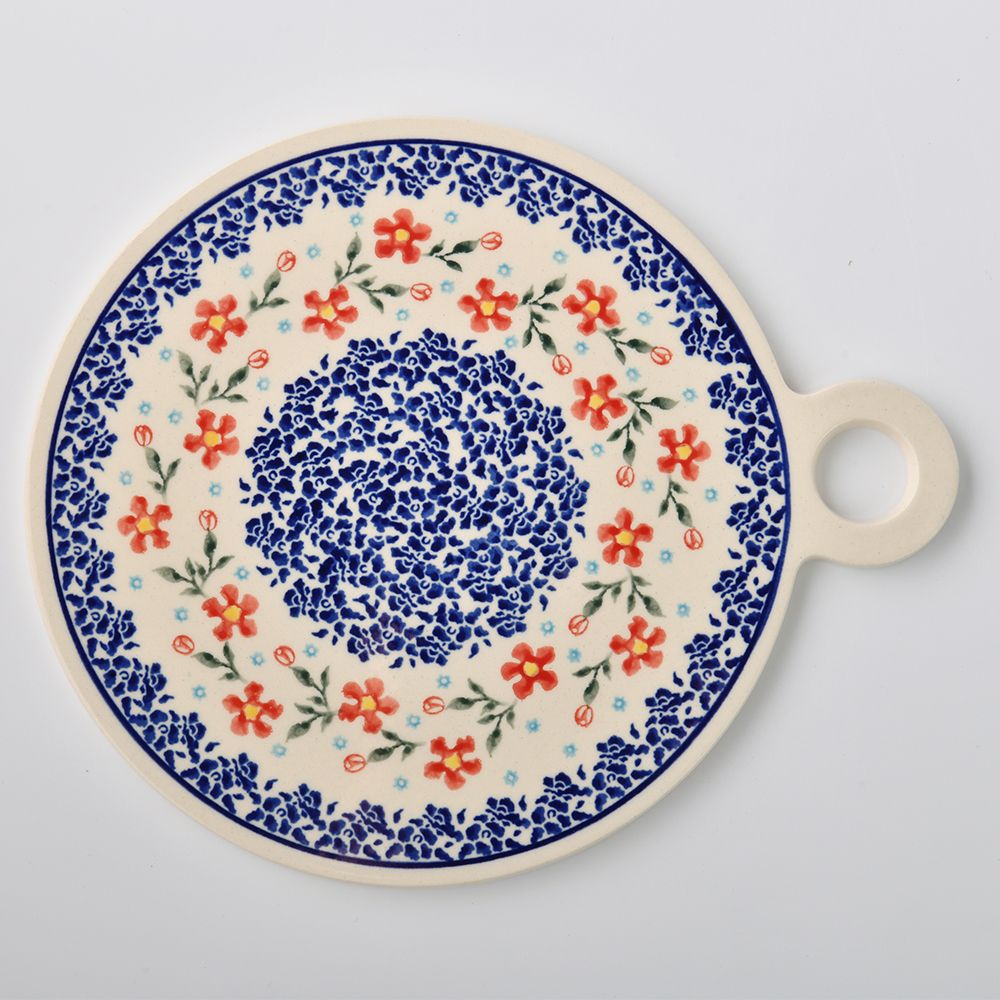 Handmade Polish Pottery Zaklady round serving board 23x27cm sweet garden Boleslawiec Ceramics
