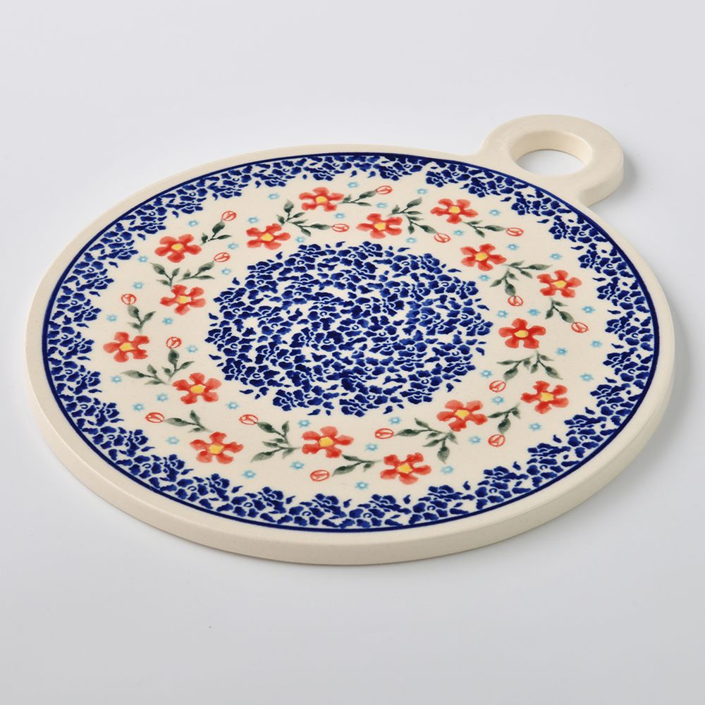 Handmade Polish Pottery Zaklady round serving board 23x27cm sweet garden Boleslawiec Ceramics