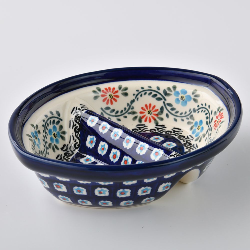 Handmade Polish Pottery Zaklady divided dish 18cm flower vines Boleslawiec Ceramics