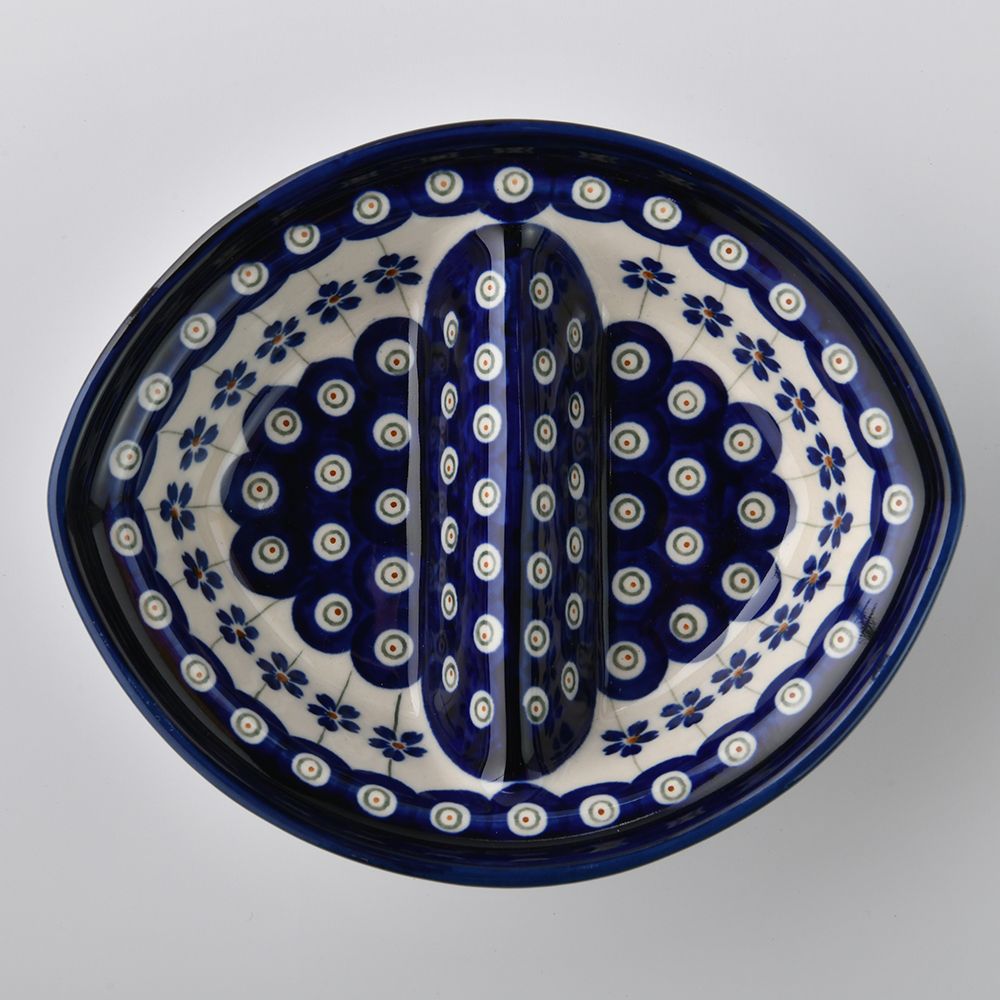 Handmade Polish Pottery Zaklady divided dish 18cm blue peacock Boleslawiec Ceramics