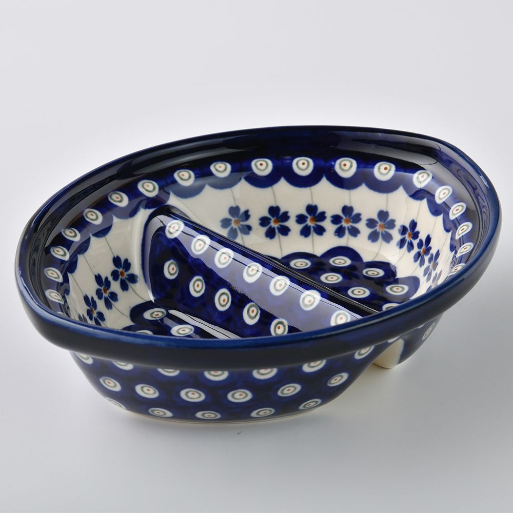 Handmade Polish Pottery Zaklady divided dish 18cm blue peacock Boleslawiec Ceramics