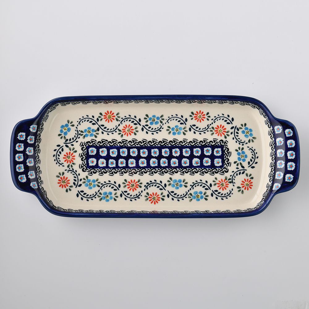 Handmade Polish Pottery Zaklady tray with handles 33cm flower vines Boleslawiec Ceramics