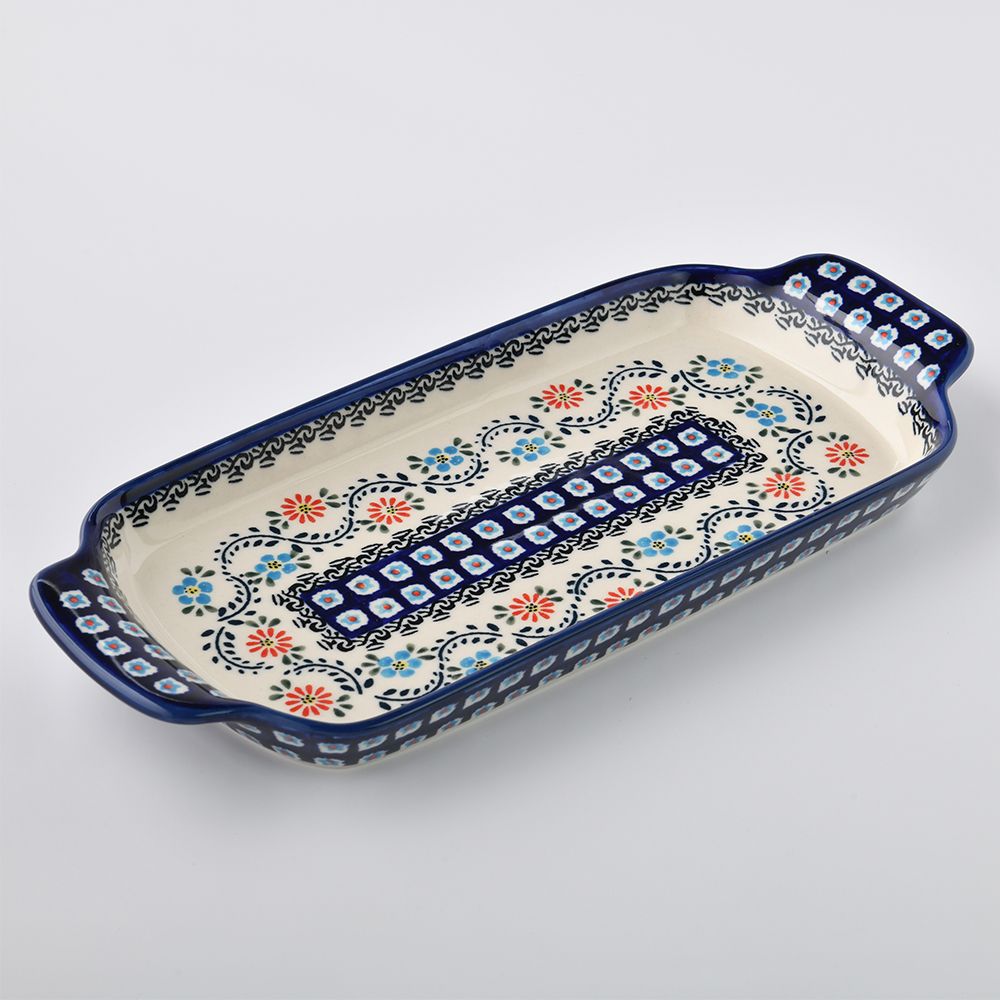 Handmade Polish Pottery Zaklady tray with handles 33cm flower vines Boleslawiec Ceramics