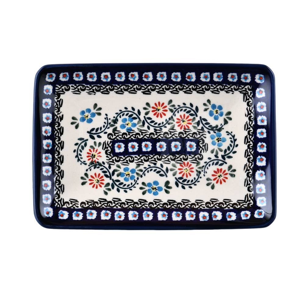 Handmade Polish Pottery Zaklady rectangular plate 22cm flower vines Boleslawiec Ceramics