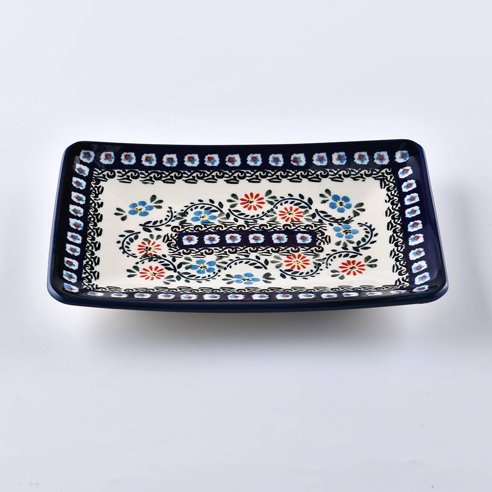 Handmade Polish Pottery Zaklady rectangular plate 22cm flower vines Boleslawiec Ceramics