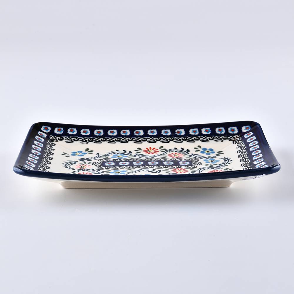 Handmade Polish Pottery Zaklady rectangular plate 22cm flower vines Boleslawiec Ceramics