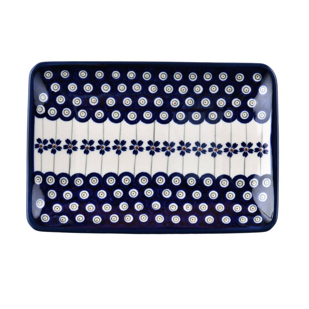 Handmade Polish Pottery Zaklady rectangular plate 22cm blue peacock Boleslawiec Ceramics