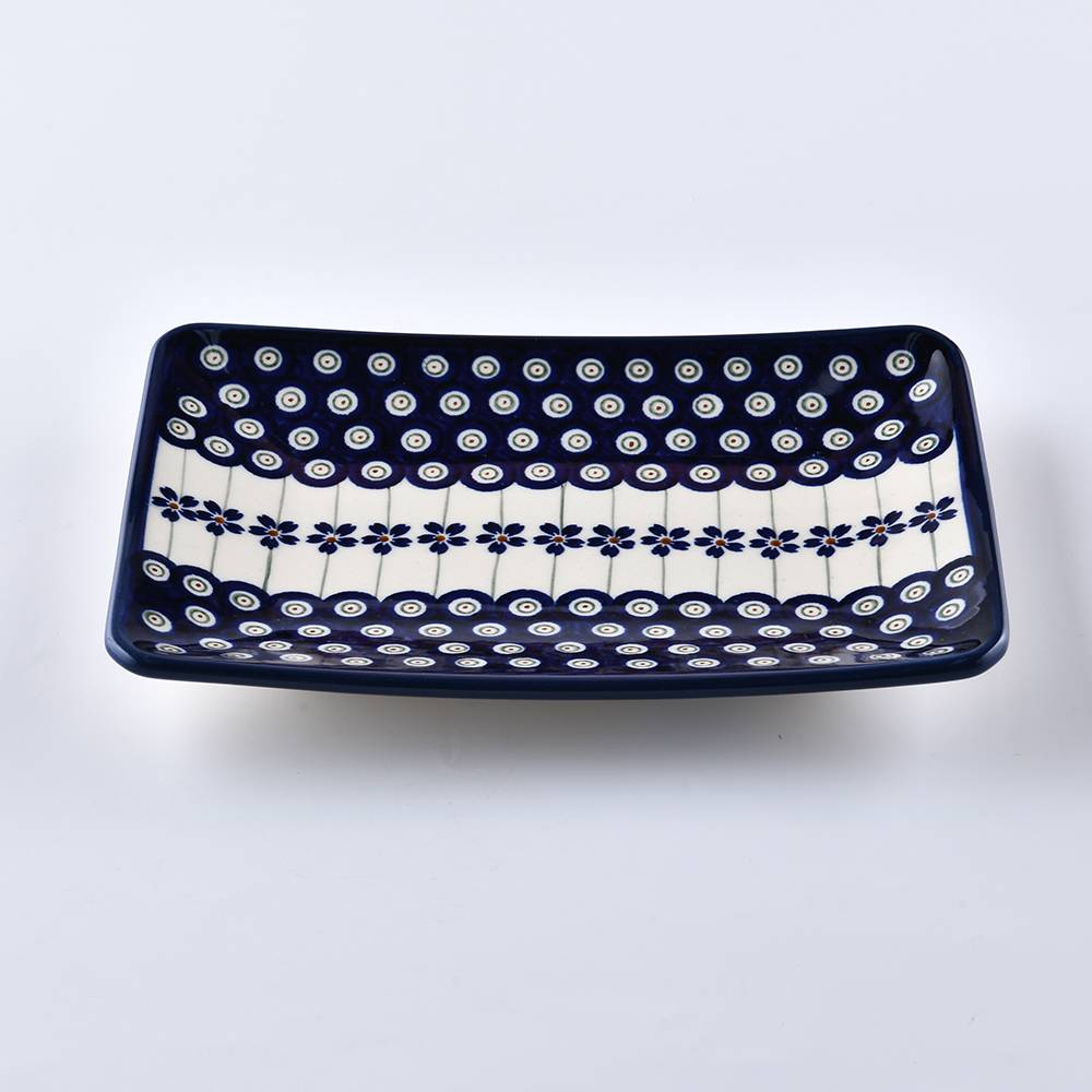 Handmade Polish Pottery Zaklady rectangular plate 22cm blue peacock Boleslawiec Ceramics