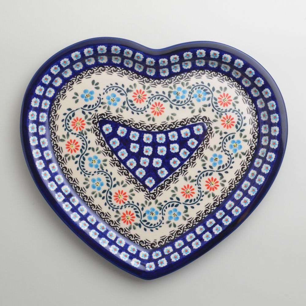 Handmade Polish Pottery Zaklady heart shaped plate,serving plate,27cm flower vines Boleslawiec Ceramics