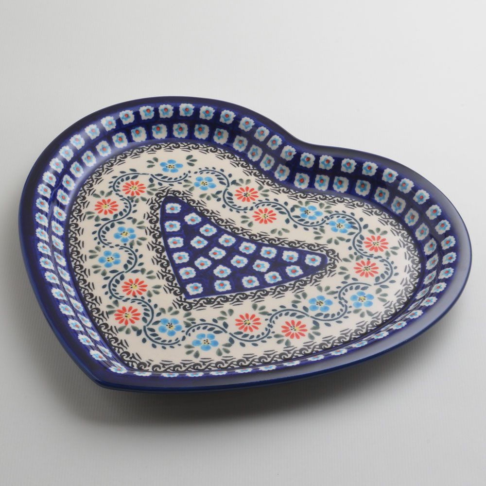 Handmade Polish Pottery Zaklady heart shaped plate,serving plate,27cm flower vines Boleslawiec Ceramics