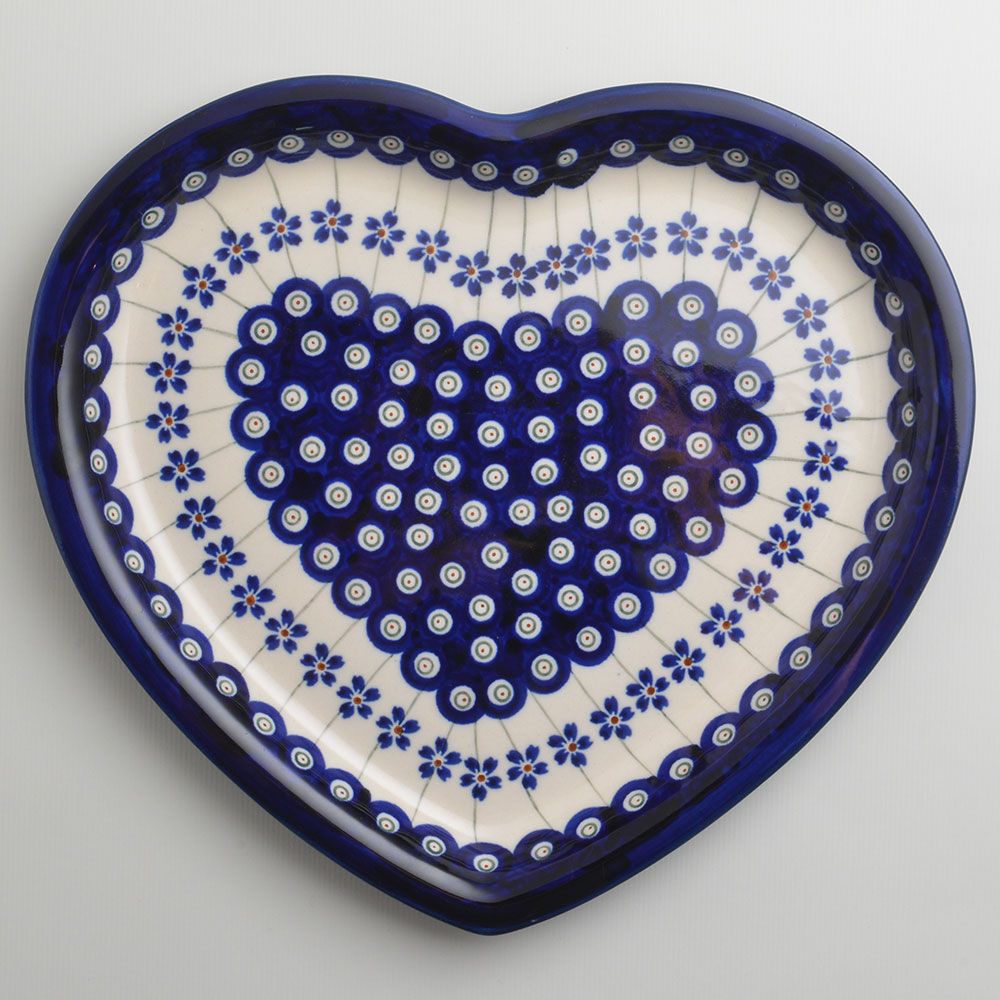 Handmade Polish Pottery Zaklady heart shaped plate,serving plate,27cm blue peacock Boleslawiec Ceramics
