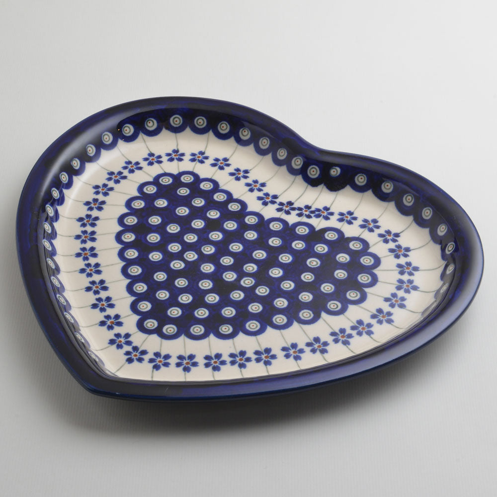 Handmade Polish Pottery Zaklady heart shaped plate,serving plate,27cm blue peacock Boleslawiec Ceramics