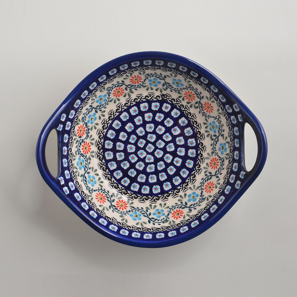 Handmade Polish Pottery Zaklady round deep plate with handles 22cm flower vines Boleslawiec Ceramics