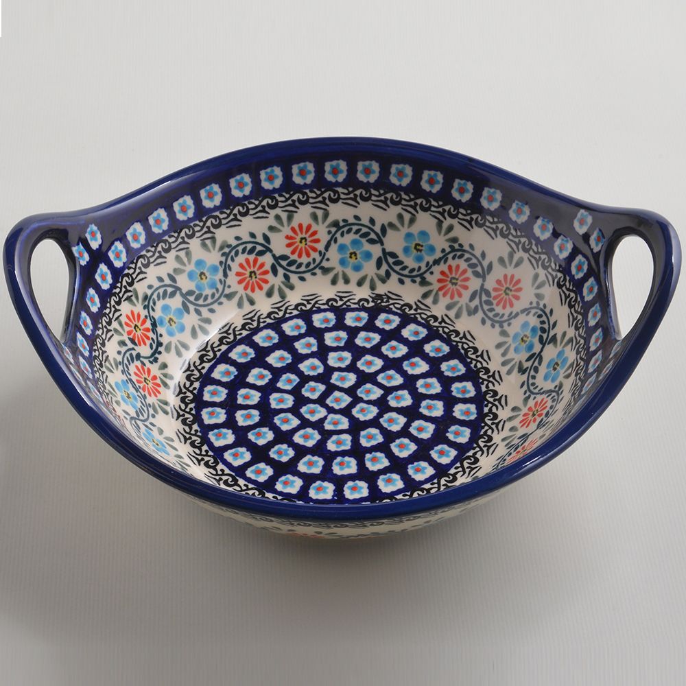 Handmade Polish Pottery Zaklady round deep plate with handles 22cm flower vines Boleslawiec Ceramics