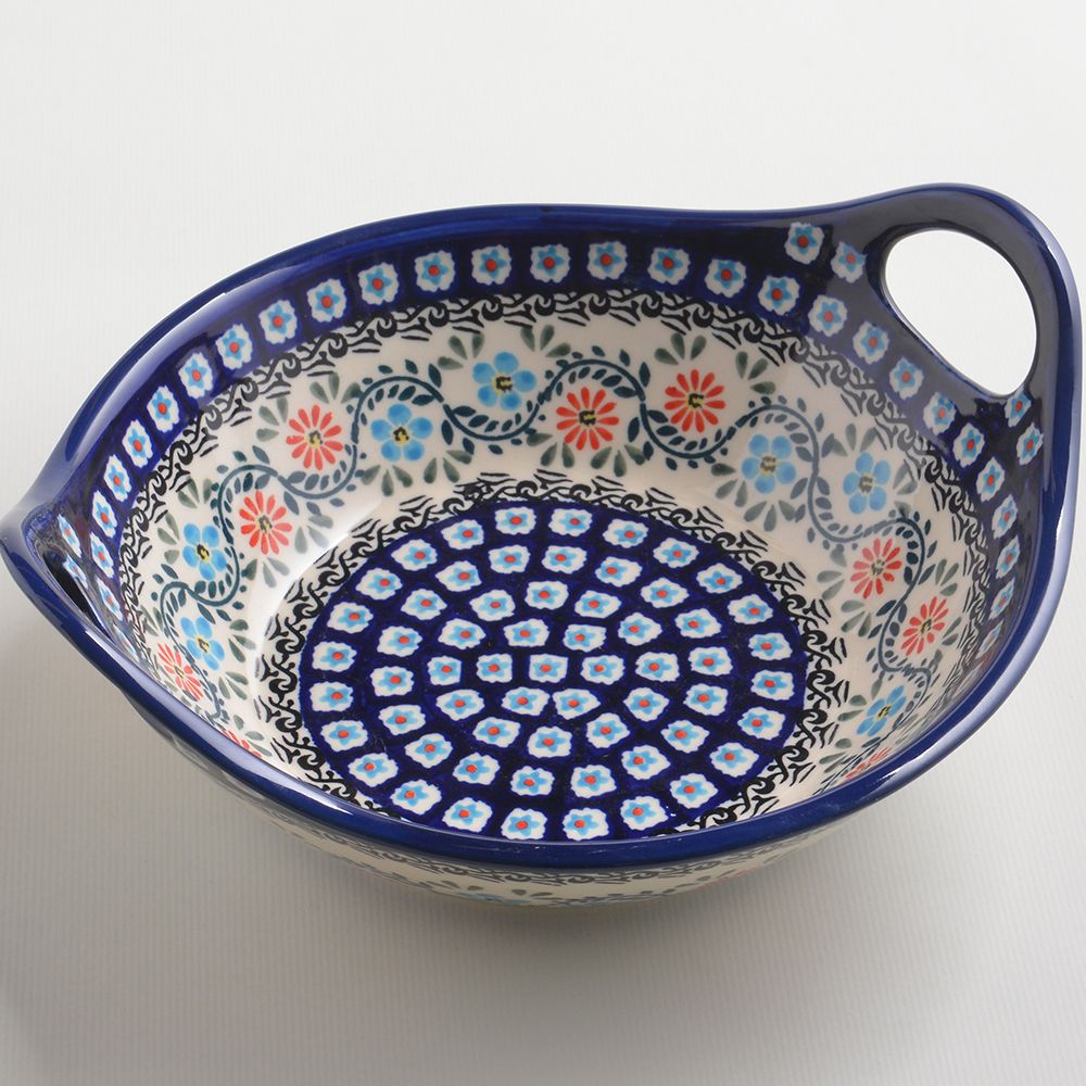 Handmade Polish Pottery Zaklady round deep plate with handles 22cm flower vines Boleslawiec Ceramics