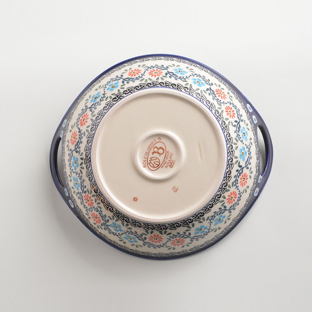 Handmade Polish Pottery Zaklady round deep plate with handles 22cm flower vines Boleslawiec Ceramics