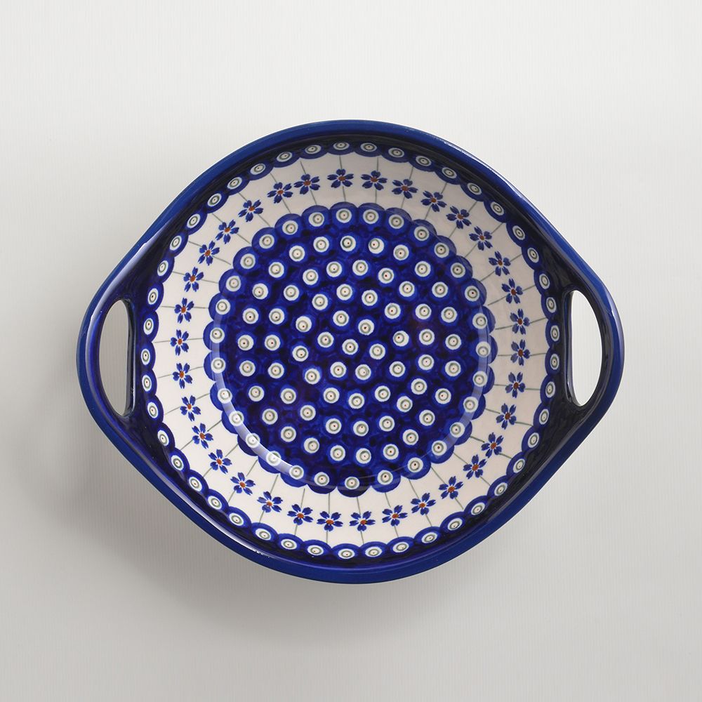 Handmade Polish Pottery Zaklady round deep plate with handles 22cm blue peacock Boleslawiec Ceramics