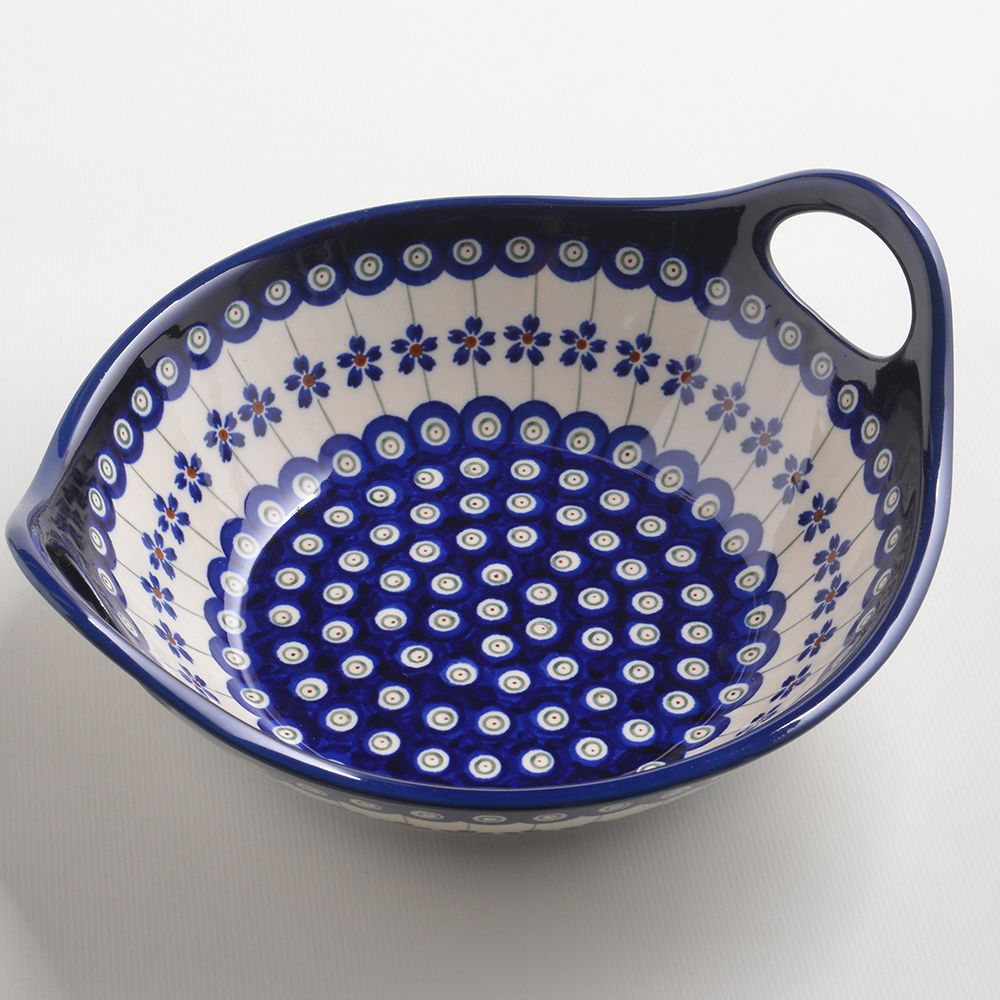 Handmade Polish Pottery Zaklady round deep plate with handles 22cm blue peacock Boleslawiec Ceramics