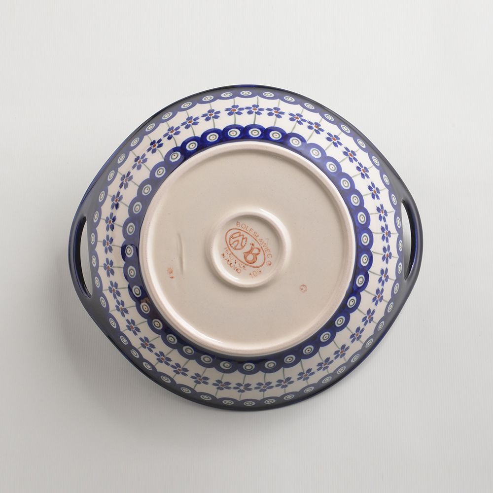 Handmade Polish Pottery Zaklady round deep plate with handles 22cm blue peacock Boleslawiec Ceramics