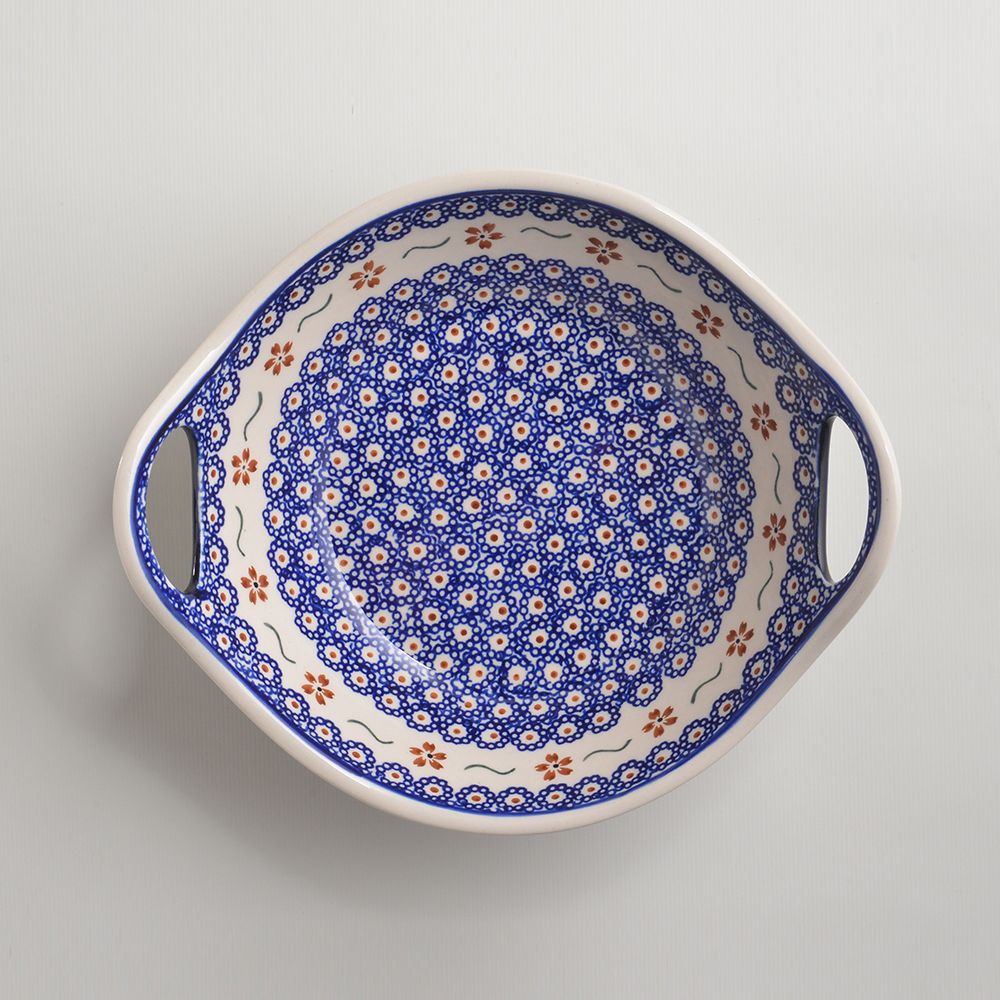 Handmade Polish Pottery Zaklady round deep plate with handles 22cm sweet flower Boleslawiec Ceramics