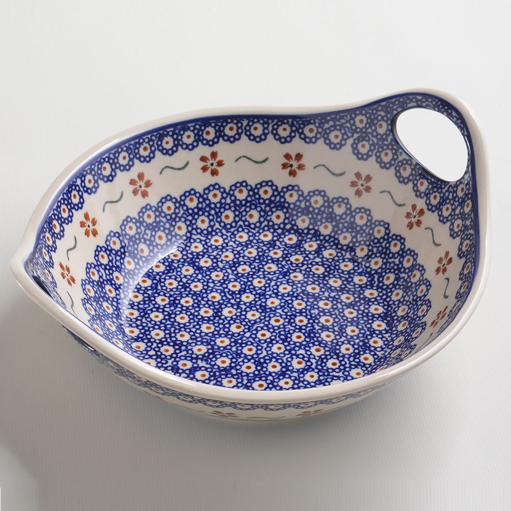 Handmade Polish Pottery Zaklady round deep plate with handles 22cm sweet flower Boleslawiec Ceramics