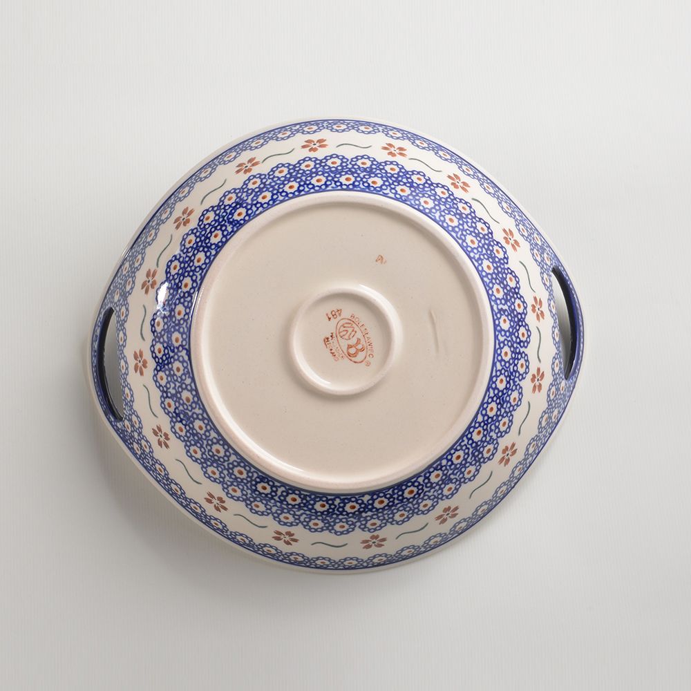 Handmade Polish Pottery Zaklady round deep plate with handles 22cm sweet flower Boleslawiec Ceramics