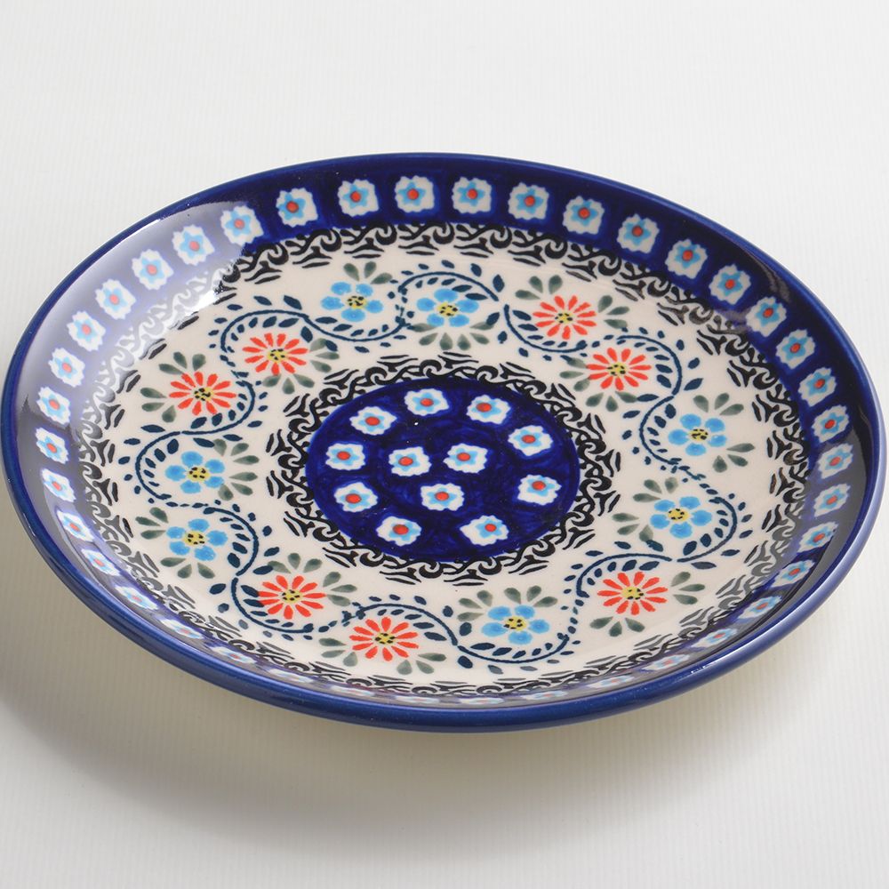 Handmade Polish Pottery Zaklady round serving plate 19cm flower vines Boleslawiec Ceramics