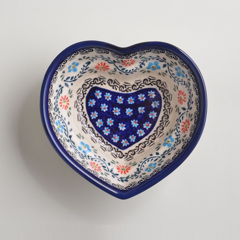 Handmade Polish Pottery Zaklady heart shaped bowl,snack bowl,16cm flower vines Boleslawiec Ceramics