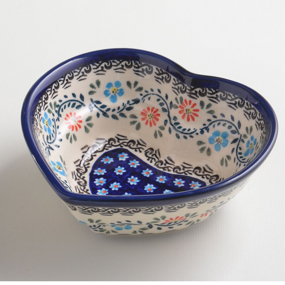 Handmade Polish Pottery Zaklady heart shaped bowl,snack bowl,16cm flower vines Boleslawiec Ceramics
