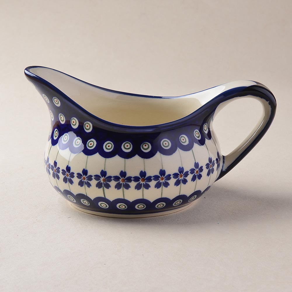 Handmade Polish Pottery Zaklady gravy boat blue peacock Boleslawiec Ceramics
