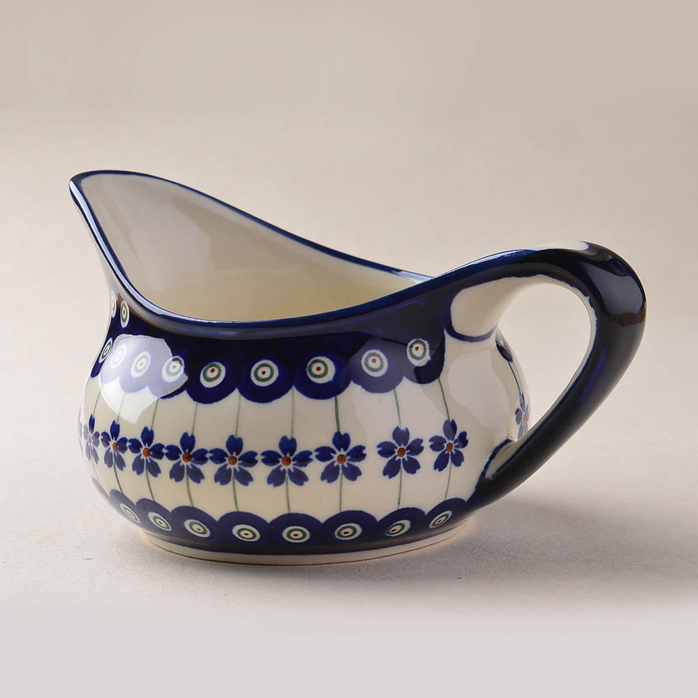 Handmade Polish Pottery Zaklady gravy boat blue peacock Boleslawiec Ceramics