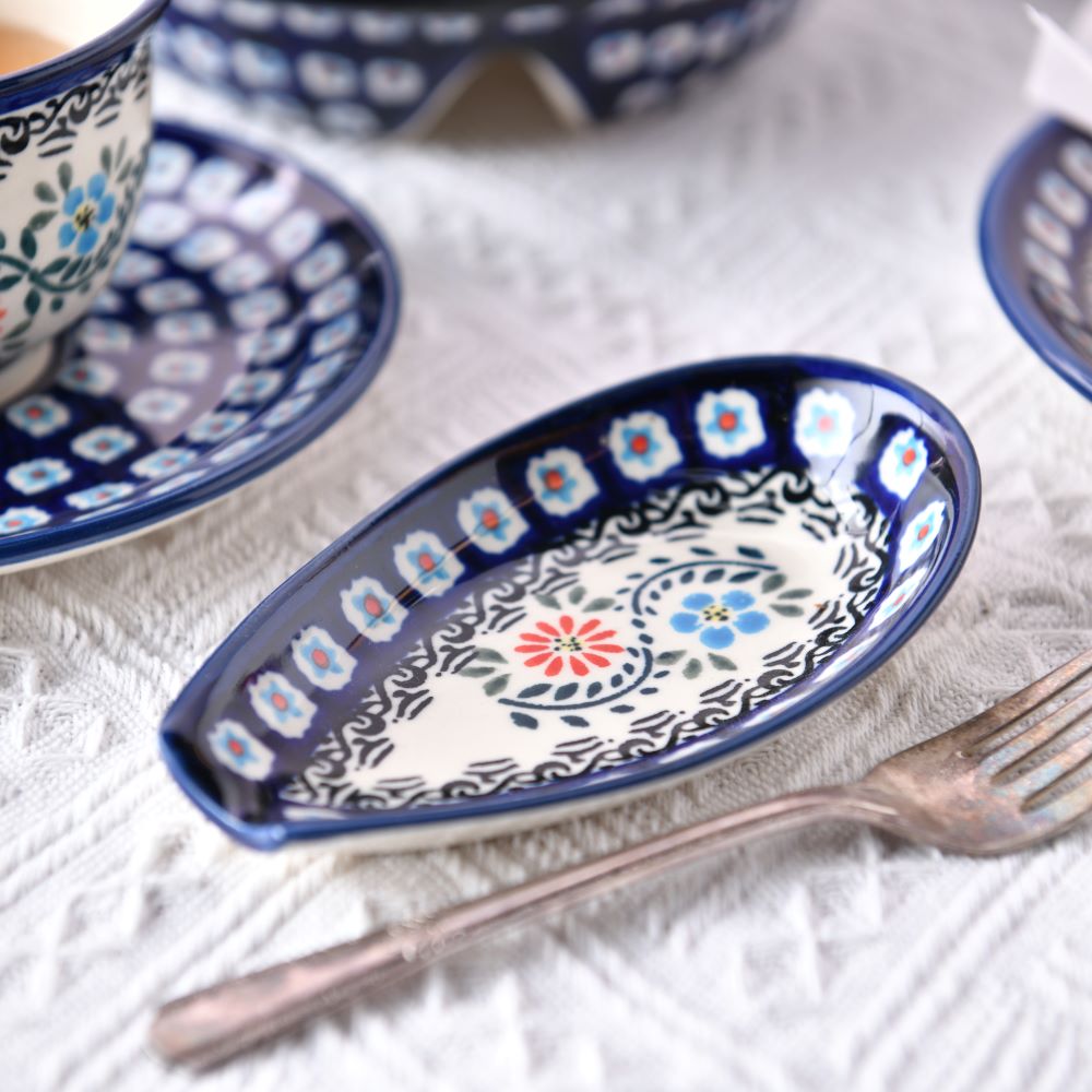 Handmade Polish Pottery Zaklady spoon rest flower vines Boleslawiec Ceramics
