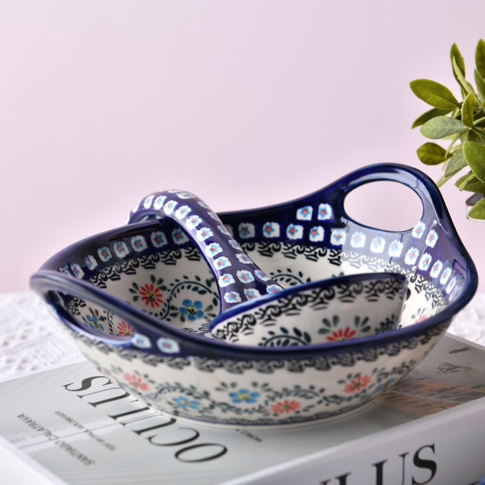 Handmade Polish Pottery Zaklady round deep plate with handles 22cm flower vines Boleslawiec Ceramics
