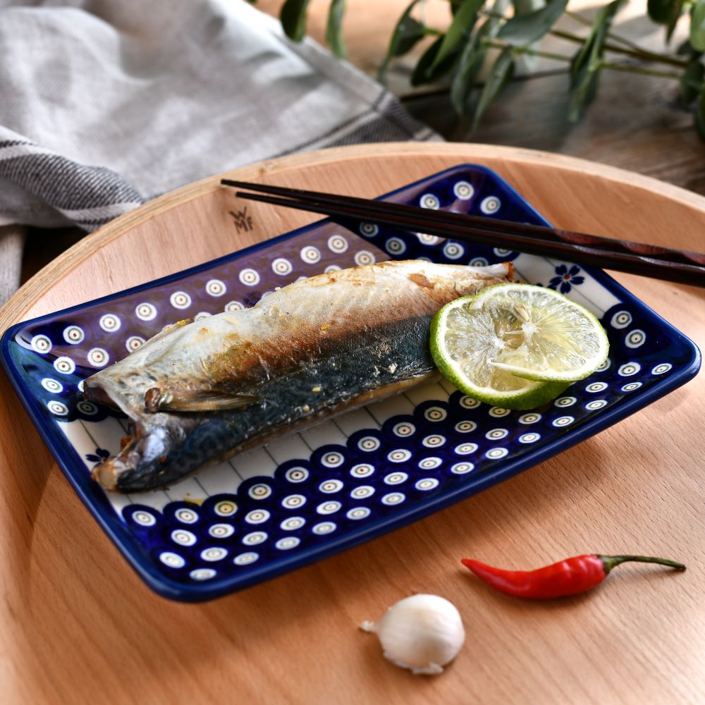 Handmade Polish Pottery Zaklady rectangular plate 22cm blue peacock Boleslawiec Ceramics