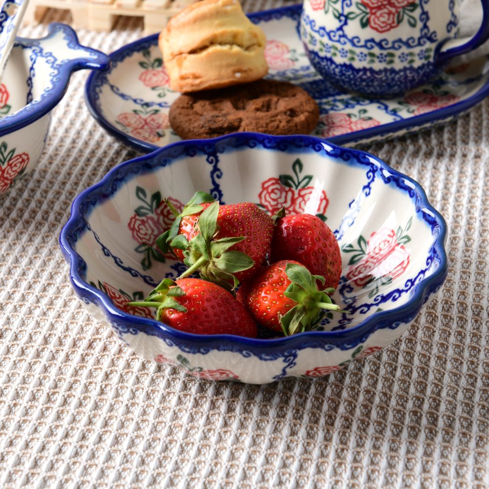 Handmade Polish Pottery Vena fluted bowl,snack bowl,16cm rose garden Boleslawiec Ceramics