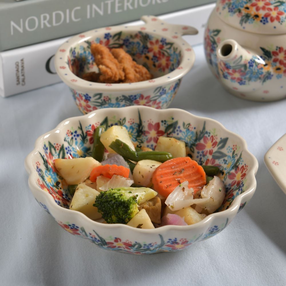 Handmade Polish Pottery Vena fluted bowl,snack bowl,16cm floral dream Boleslawiec Ceramics