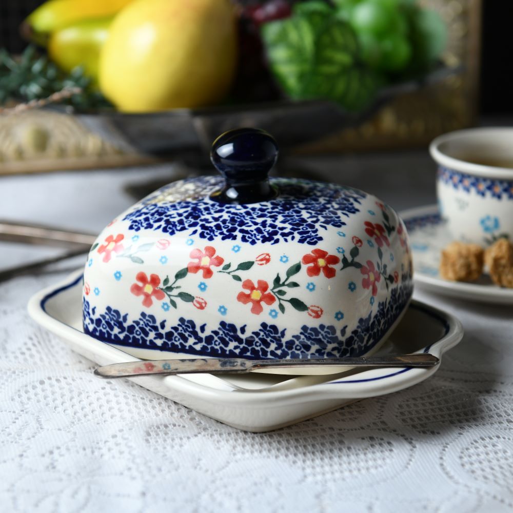 Handmade Polish Pottery Zaklady butter dish sweet garden Boleslawiec Ceramics