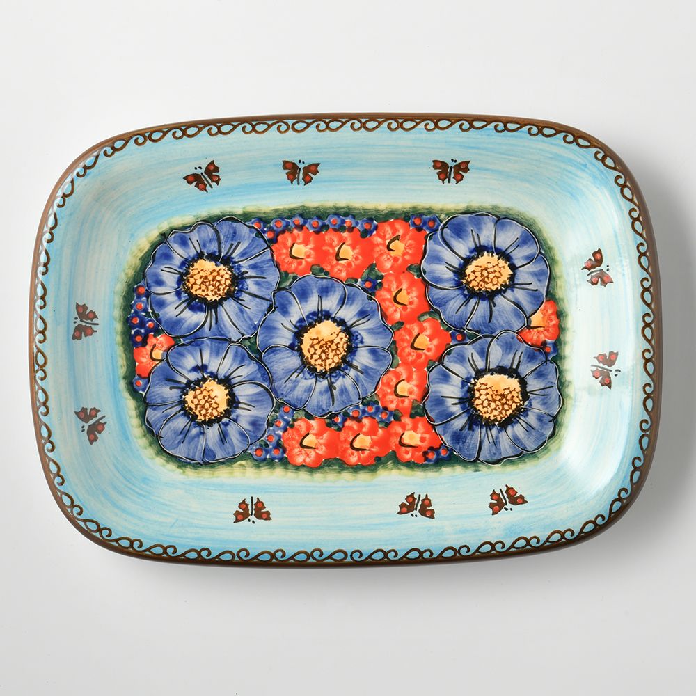 Handmade Polish Pottery Cerraf rectangular plate 29x21cm watergarden blooms Boleslawiec Ceramics