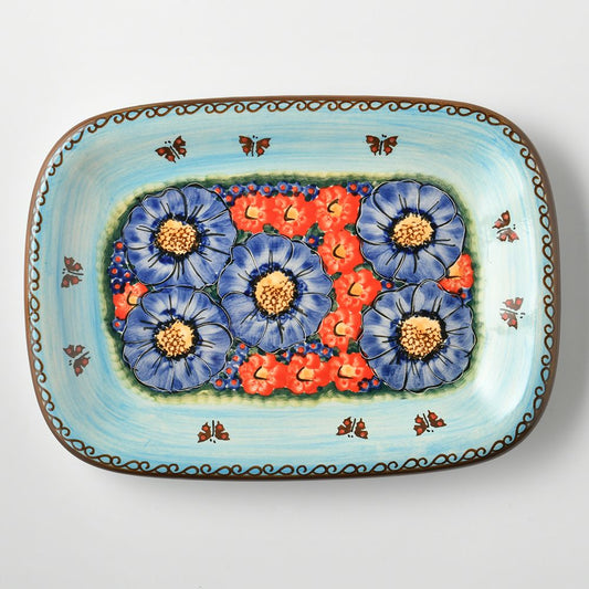 Handmade Polish Pottery Cerraf rectangular plate 29x21cm watergarden blooms Boleslawiec Ceramics