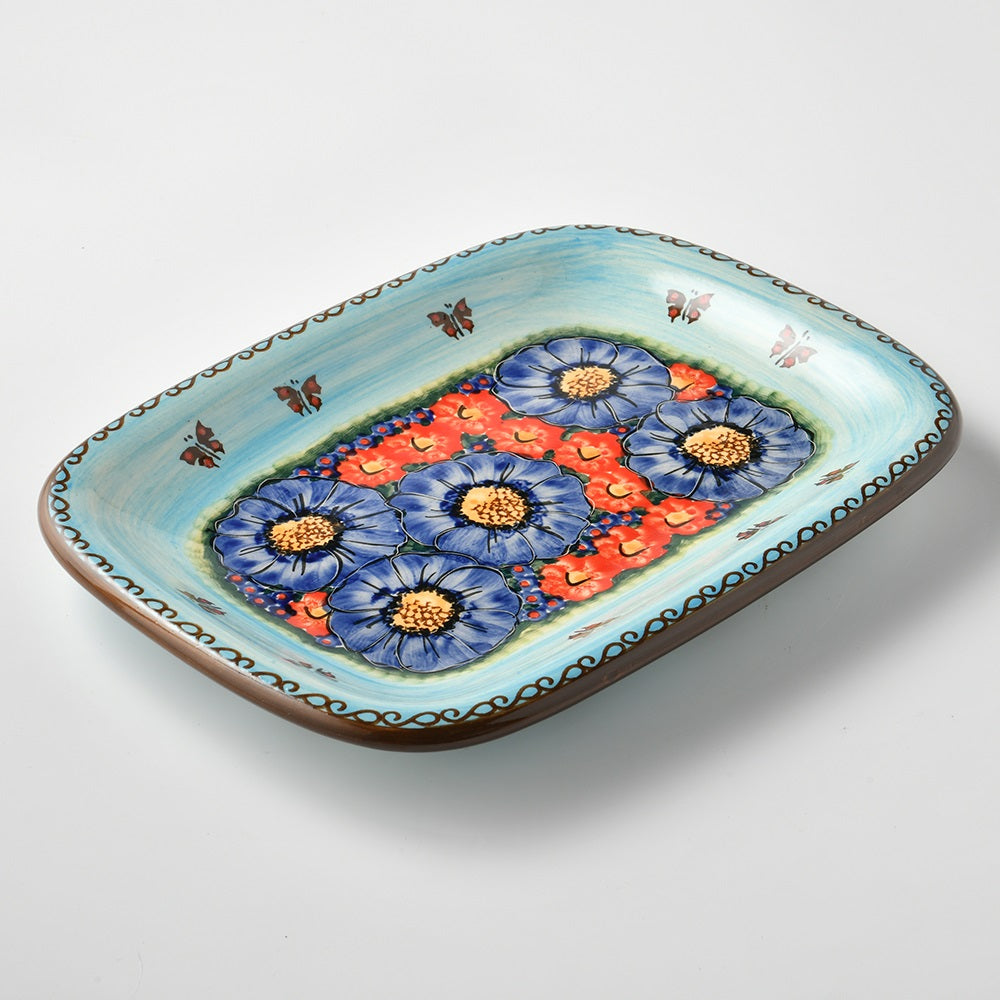 Handmade Polish Pottery Cerraf rectangular plate 29x21cm watergarden blooms Boleslawiec Ceramics