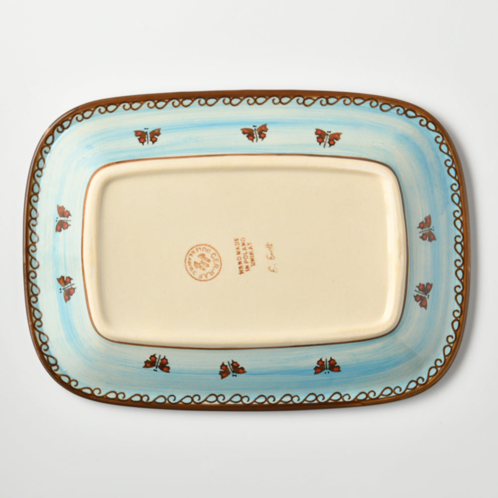 Handmade Polish Pottery Cerraf rectangular plate 29x21cm watergarden blooms Boleslawiec Ceramics