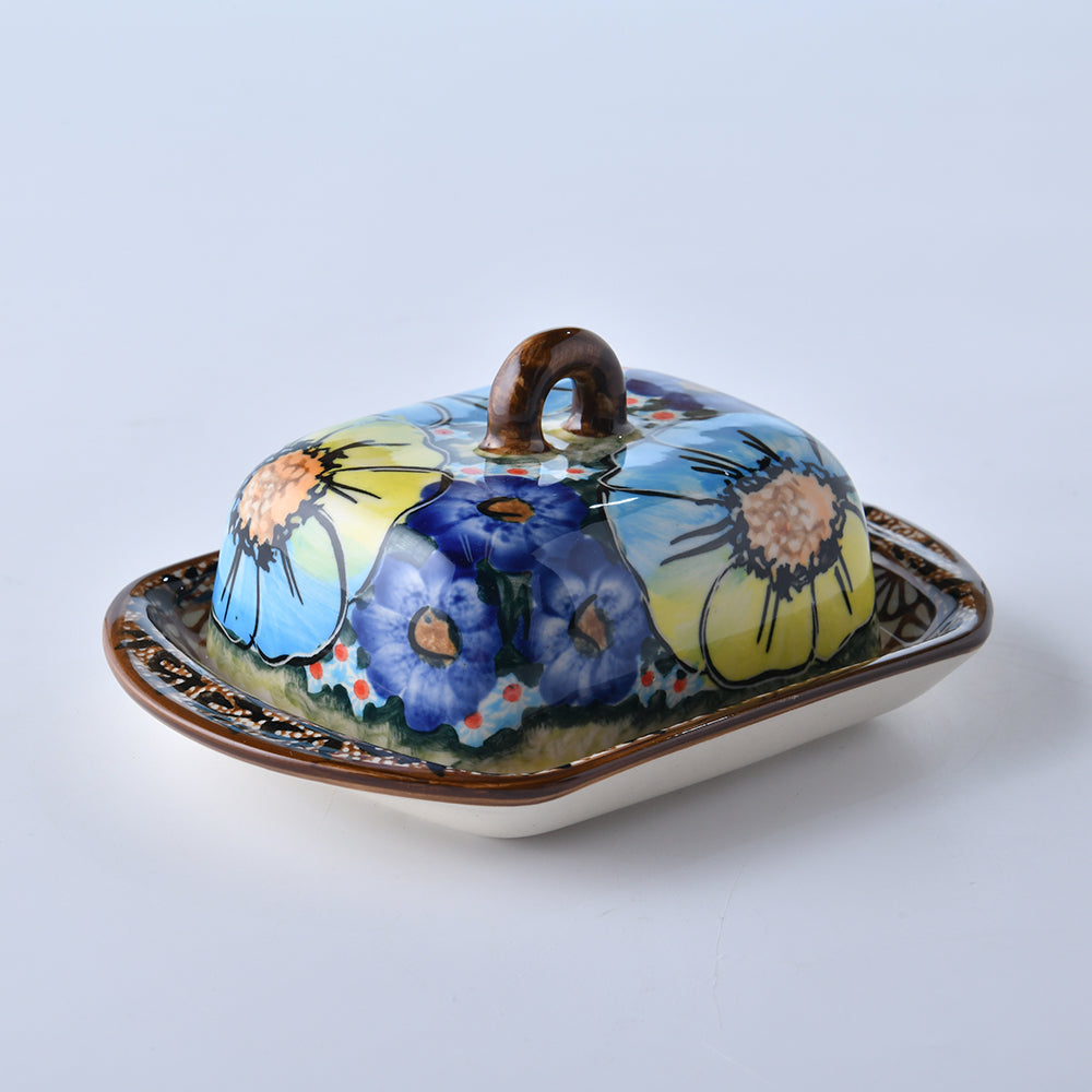 Handmade Polish Pottery Cerraf butter dish 14.5x10.5cm aurora glacier Boleslawiec Ceramics