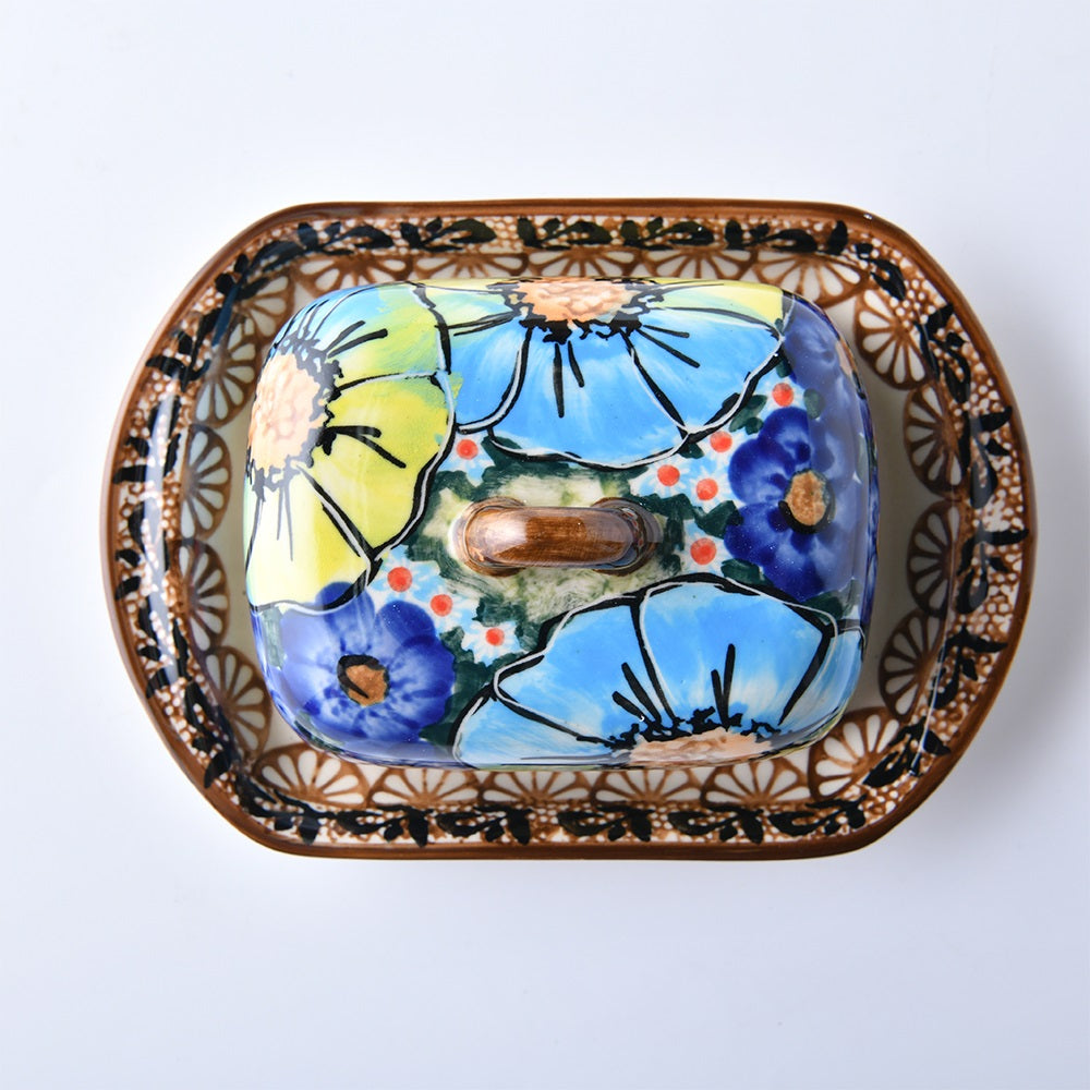 Handmade Polish Pottery Cerraf butter dish 14.5x10.5cm aurora glacier Boleslawiec Ceramics